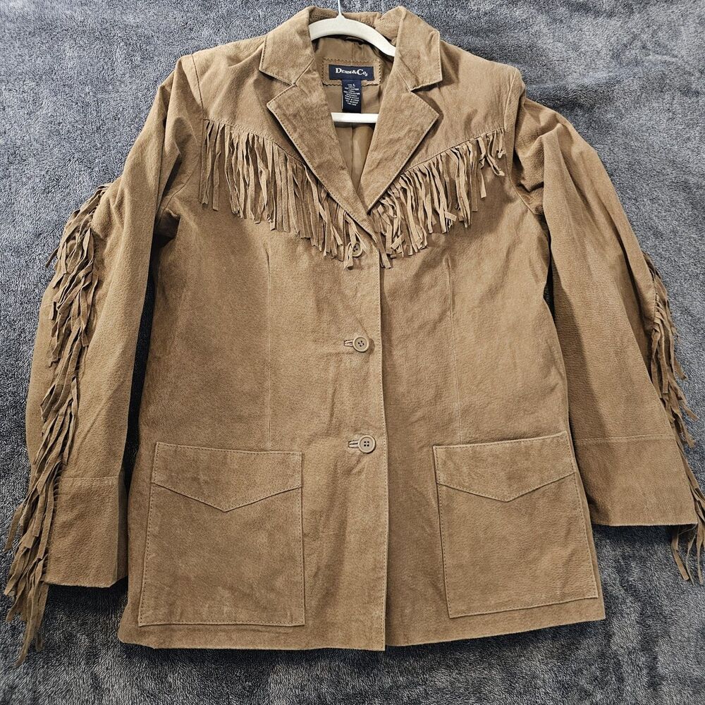 VINTAGE Denim Co Suede Leather Jacket Womens Large Brown Fringe Western Cowgirl